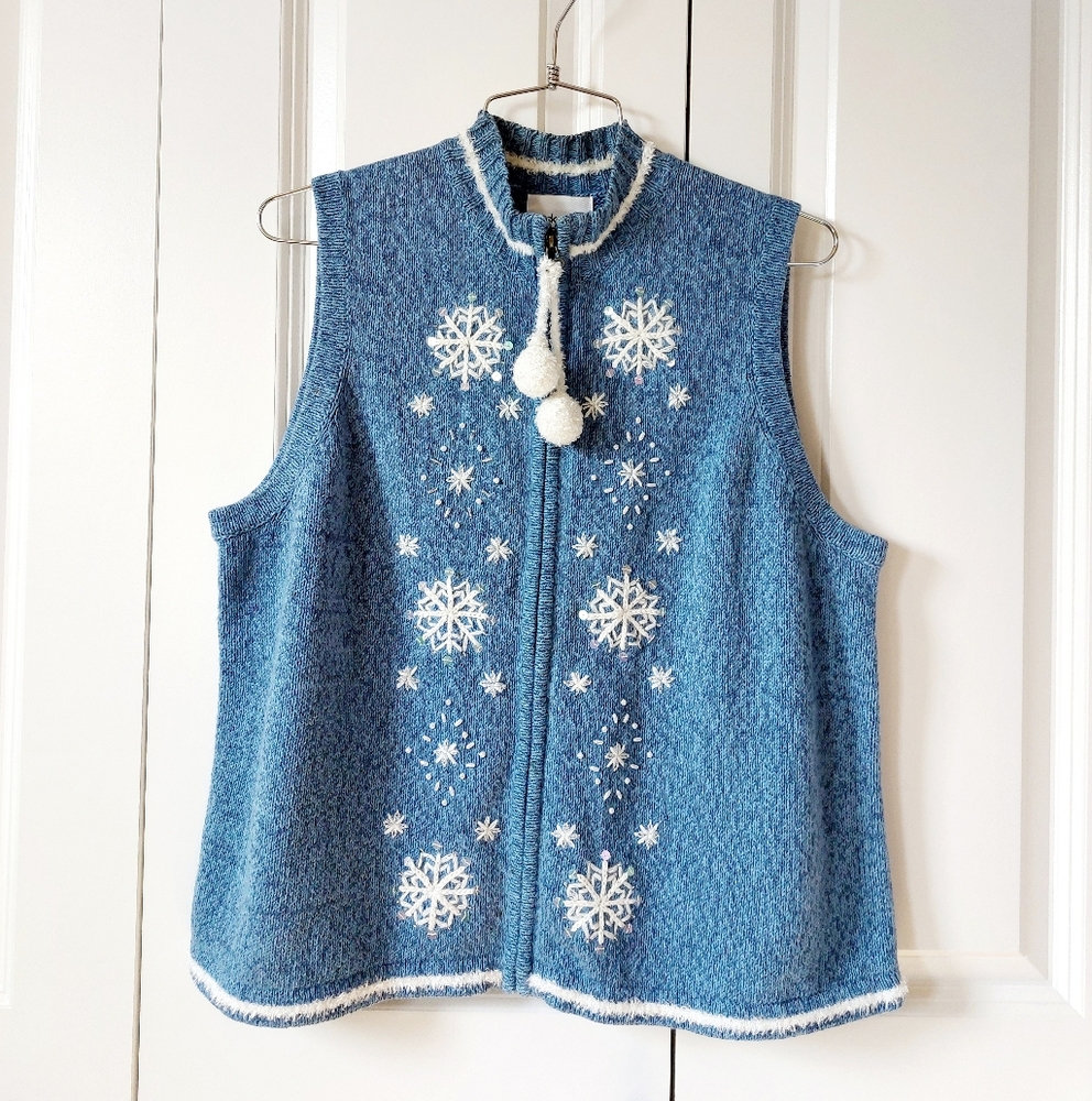 Blue‎ Snowflake Sweatervest Beaded & Sequins Petite Large Breckenridge Christmas